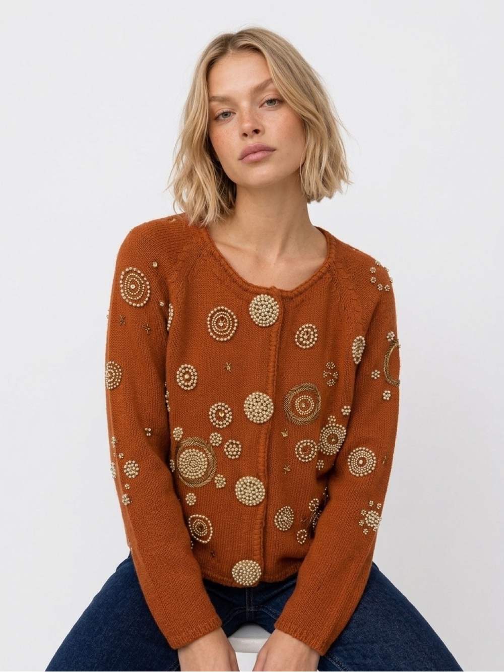 Embellished Rust Bead-Accent Knit Cardigan
